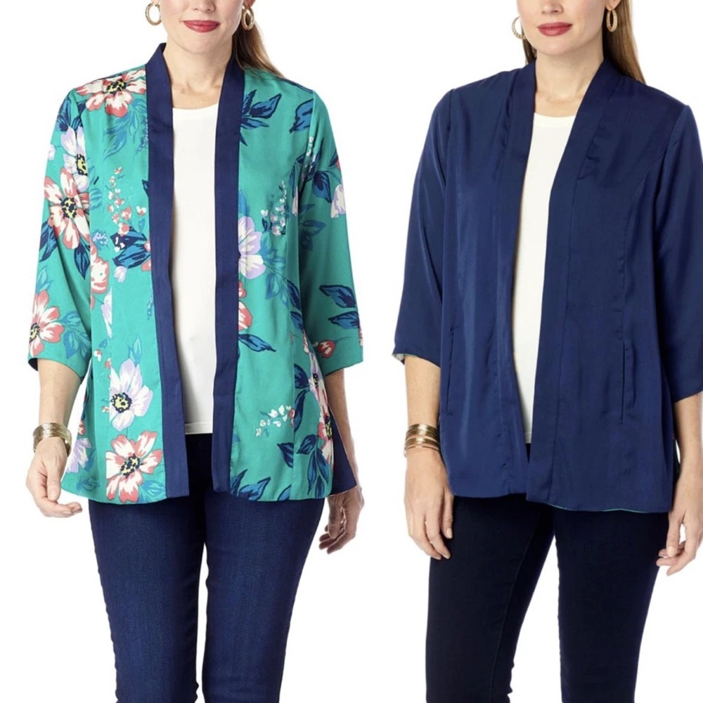 IMAN Green Floral and Navy Reversible Kimono Plus Size 2X NWT